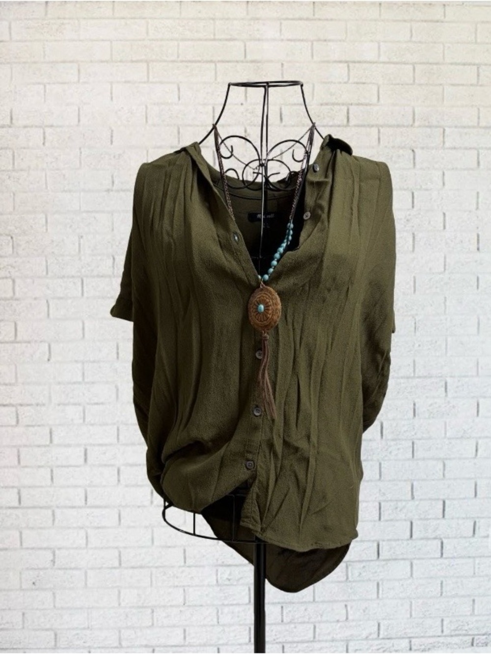 Madewell Women XXS Dark Army Green Button Up Shirt Blouse Short Sleeve Summer